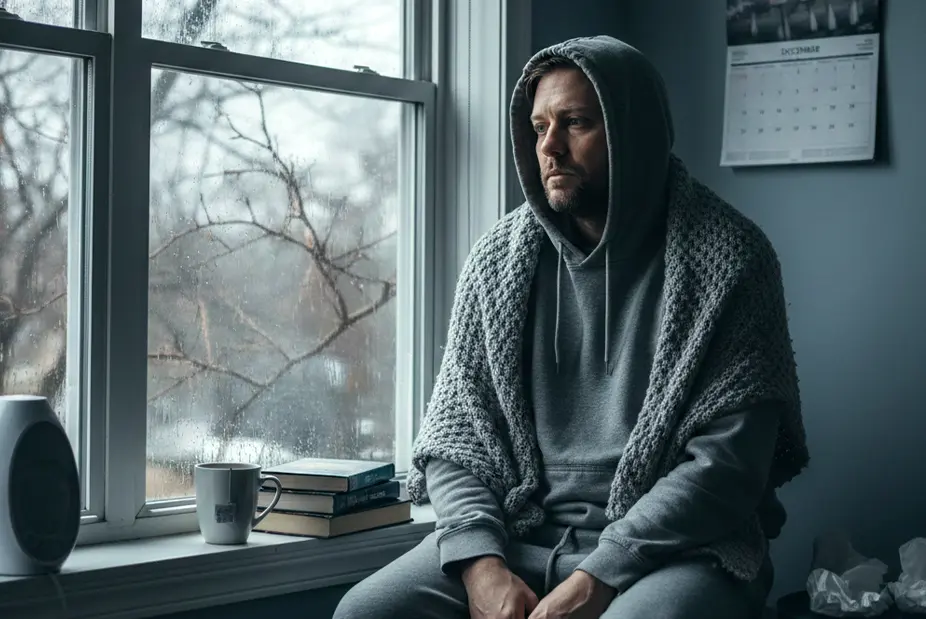 Man sitting by a window wrapped in a blanket on a gloomy day, showing signs of sadness and low mood associated with seasonal affective disorder.