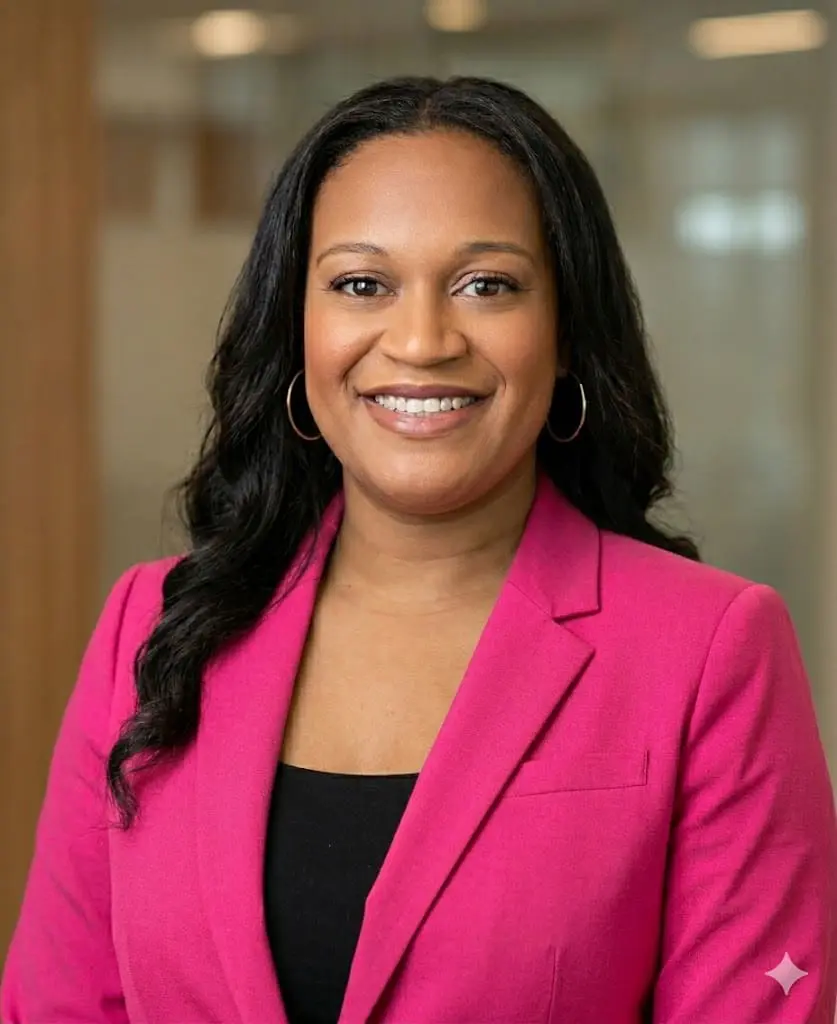 Professional woman smiling in a pink blazer, black top, in an office setting.