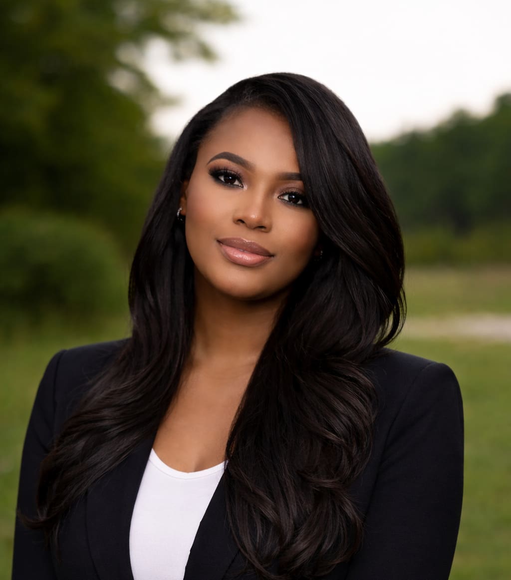 Professional woman outdoors in a park, wearing a black blazer and white top, looking at the camera with a slight smile.