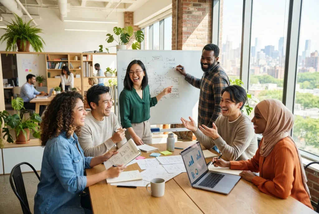 Diverse group of six coworkers collaborating around a wooden table in a bright office, with a whiteboard and city view outside the windows.