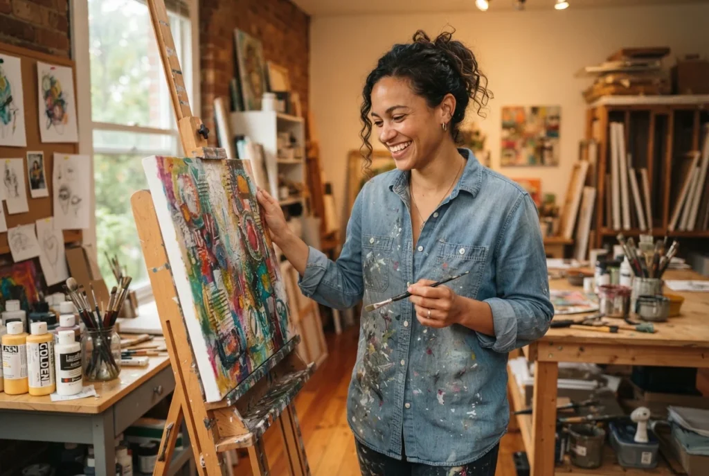 Woman artist smiling as she works on an abstract painting on an easel in a bright studio filled with art supplies.