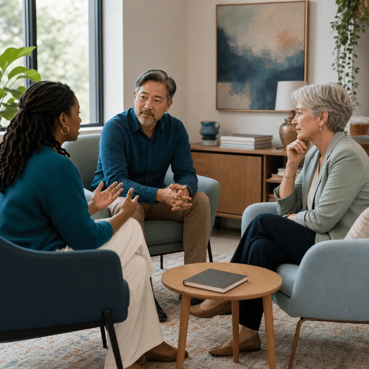 Therapists and client collaborating during a counseling session