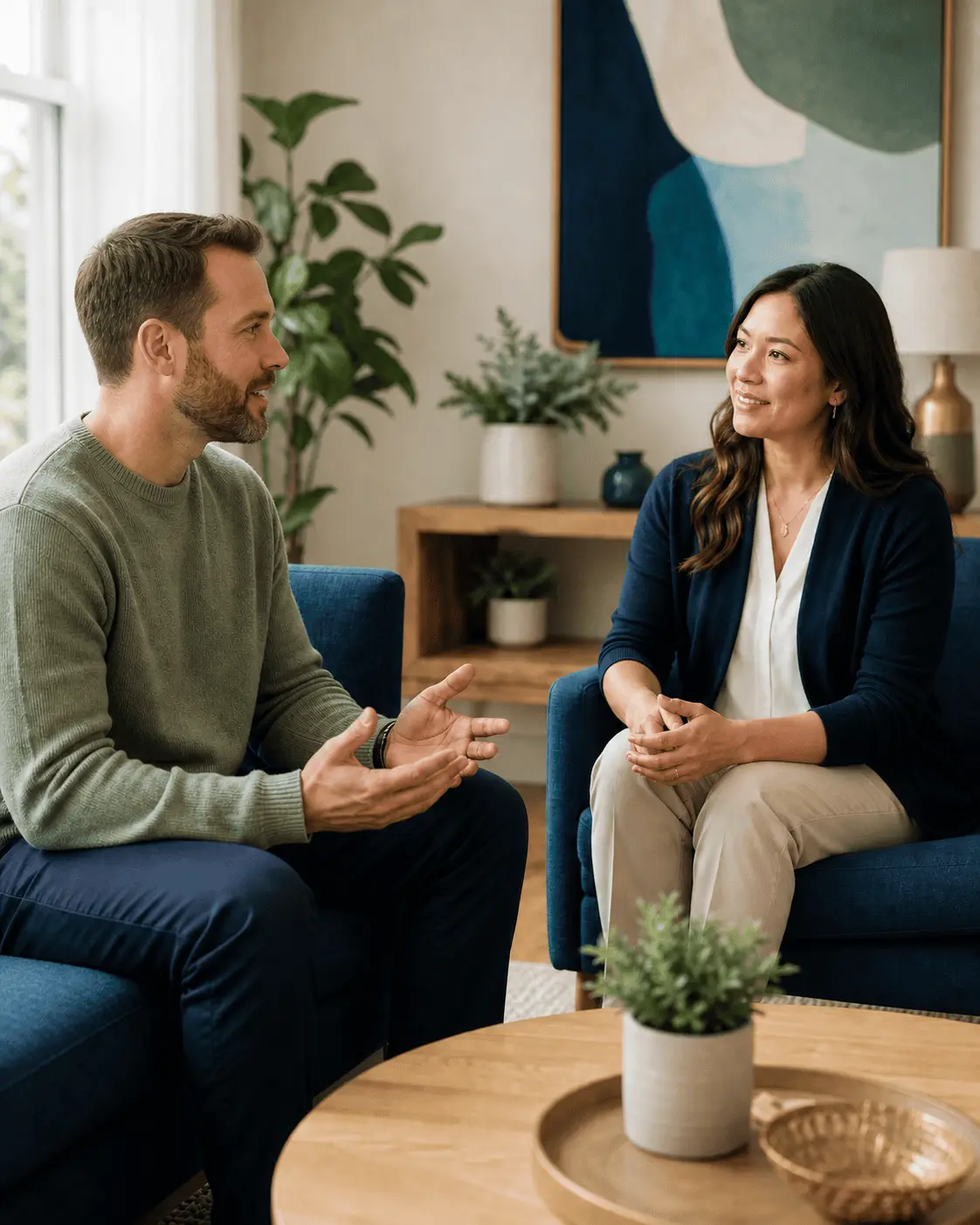 Therapist speaking with a client in a welcoming counseling office
