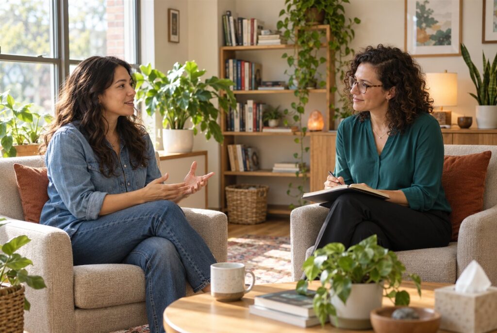 A client speaks with a therapist during a first therapy session in a bright, welcoming office